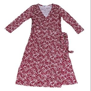 L.K. Bennett Silk Wrap Dress Rose Floral Long Sleeve Red 6